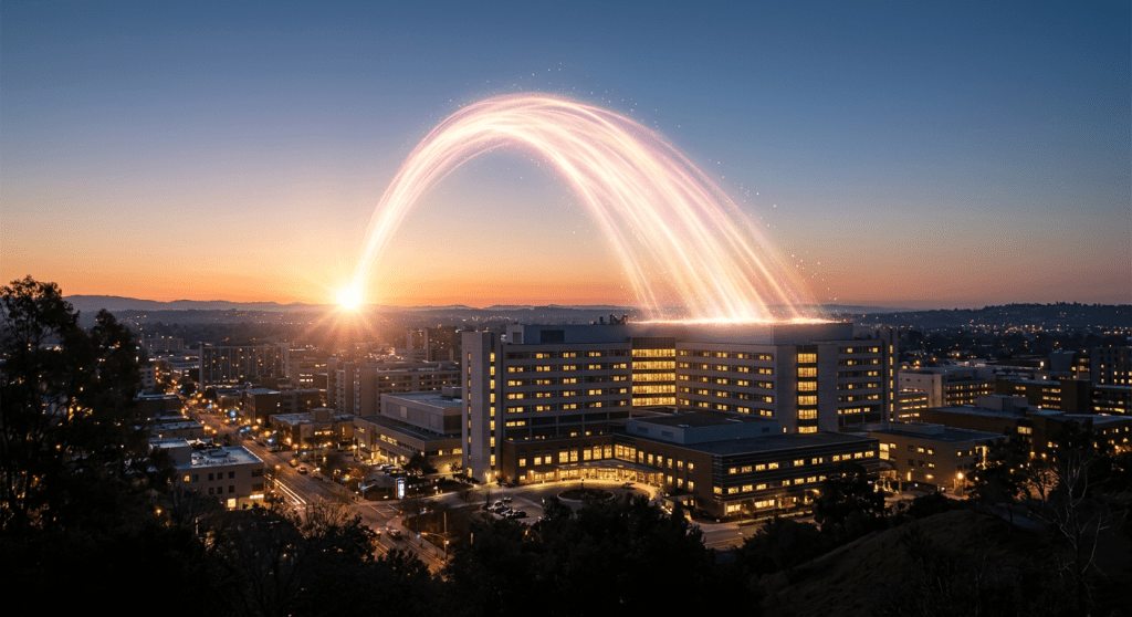 City hospital building at sunset with bright energy arcs above rooftop